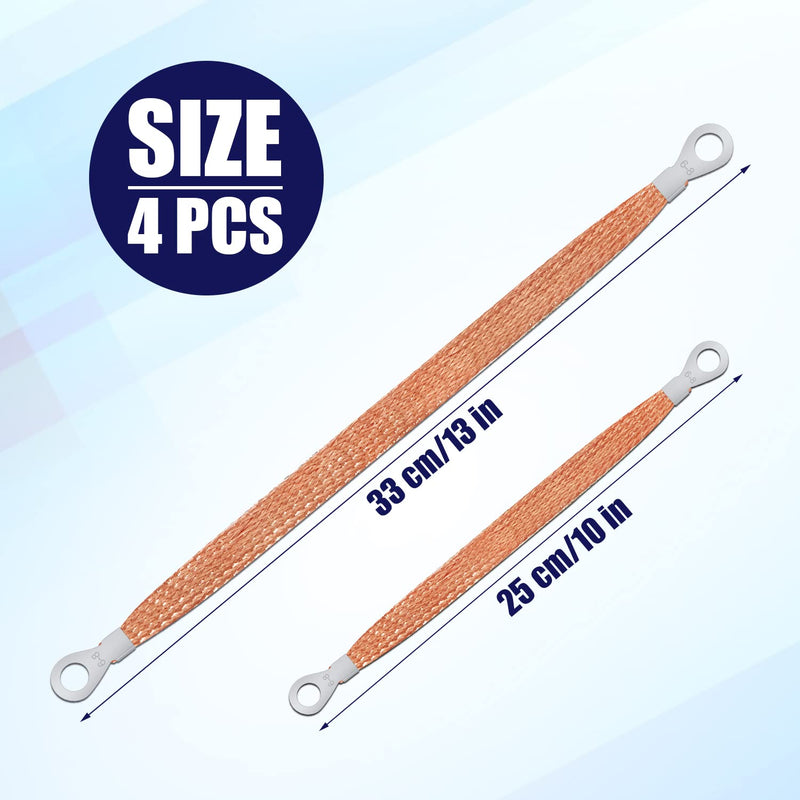 Luter 4pcs Universal Automotive Ground Strap Kit, 13inch / 10inch Vehicle Engine Ground Strap, Sturdy Woven Copper with 5/16" Rings Terminal (Copper Color)