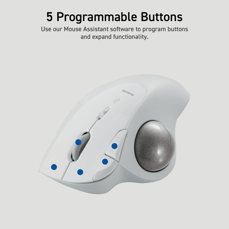 ELECOM Ergonomic Comfort Design Trackball IST Bluetooth 5.3, Super-Smooth Tracking with Roller Ball Bearing, 36mm Ball, Thumb control, Compatible for Windows, PC, Mac, iPadOS, and Android (M-IT11BRWH) White