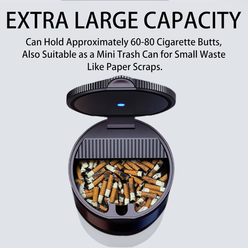Ashtray with Lid Smell Proof,Smokeless Ashtray for Cup Holder,Cigar Ash Tray,Detachable Stainless Steel Car Ash Tray with LED Auto Light, for Most Car, Office, Home (Black)