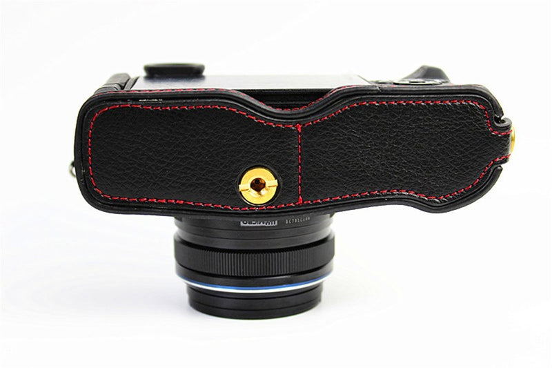 PEN-F Case, BolinUS Handmade Genuine Real Leather Half Camera Case Bag Cover for Olympus PEN-F Bottom Opening Version + Hand Strap - Black