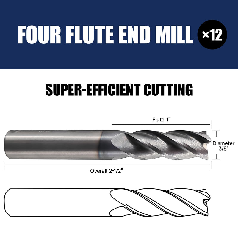 2 Pcs 3/8" Carbide Square End Mill, 4 -Flute TIALN Coated CNC Mill Bits for Steel, End Mills for Precision Milling Tasks 3/8 in 2