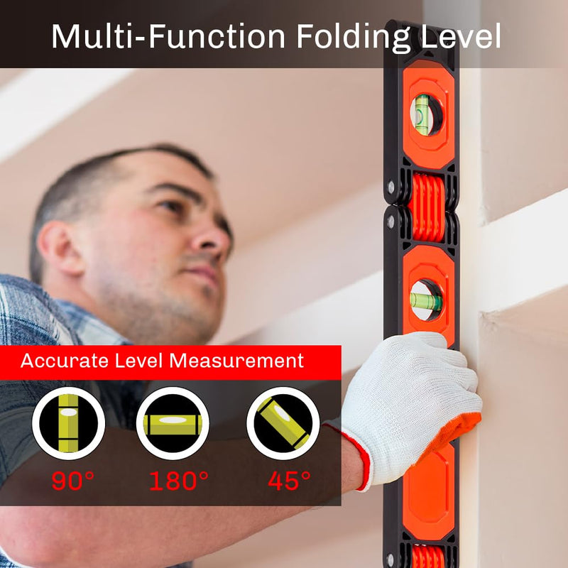 Folding Level, Multi-Angle Magnetic Level Ruler with 5 Hinged Sections, 4 Bubble Vials for 0°/45°/90° Reading, Compact Foldable Tool for Woodworking, Carpentry and DIY