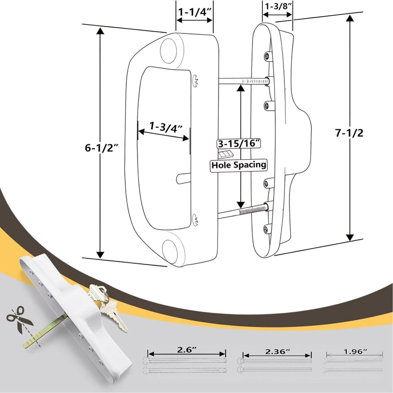 Aluminum Sliding Glass Patio Door Handle Set with Mortise Lock, Non-Keyed Pull Handles, Fits 1-1/4" to 2" Thick Doors 3-15/16" Hole Spacing, Adjustable Thumb Latch, Non-Handed, Matte Black Non-Keyed Handles + Mortise Lock