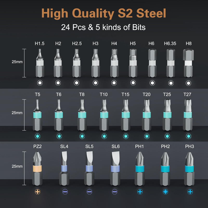 24 in 1 Magnetic Screwdriver Set, DIY Ratchet Screwdriver Set, Multi Bit Magnetic Drive Set with Detachable Ratchet Handle, Portable Precision Repair Tool Kit for Furniture Computer Bicycle 24 IN 1