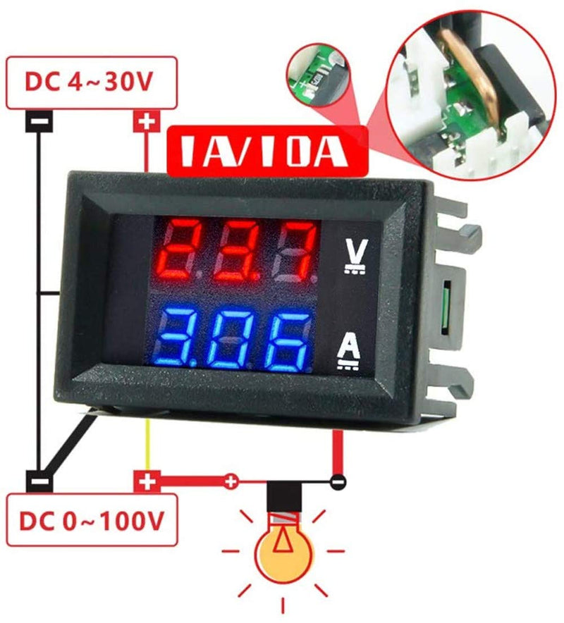 diymore 5PCS 0.28" Volt Amp Meter Digital Voltmeter Ammeter DC 100V 10A Waterproof Dual Display Current Voltage Meter Mini Ammeter Voltmeter 3 Bits Dual LED Display Panel(Red-Blue) Red-Blue