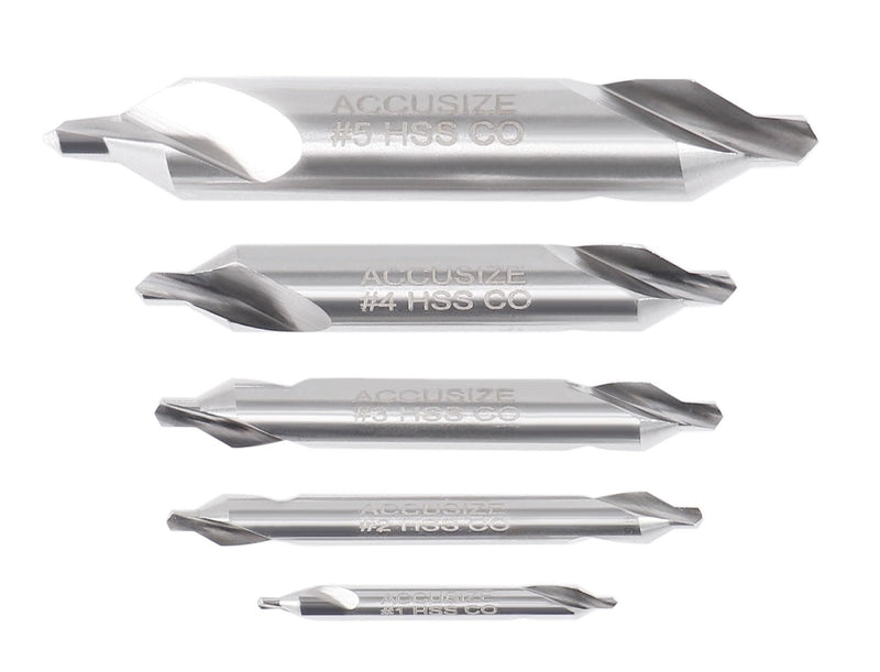 Accusize Industrial Tools 5pc ANSI M42 (H.S.S. + 8% Cobalt) Center Drill Set, 0556-5500 | ANSI M42 (HSS + 8% Cobalt), Plain Style, 60° Included Angle, Right Hand, Single Fluted, Plastic Case M42 8% Cobalt