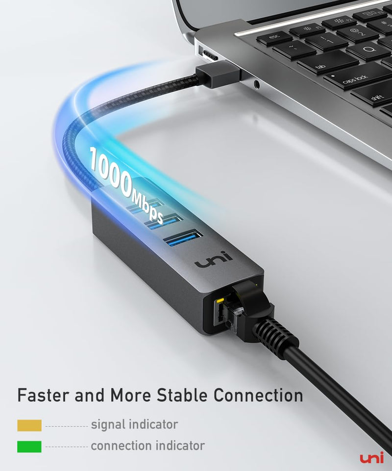 uni USB to Ethernet Adapter, USB 3.0 Hub with 100/1000 Mbps RJ45 Ethernet Driver Free, Sturdy Aluminum 4-in-1 USB-A to LAN Network Adapter Compatible with iMac, PC, Chromebook Laptops, and More Grey