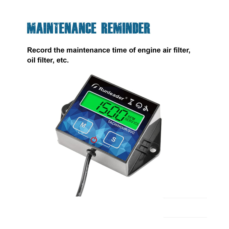Digital Hour Meter Tachometer Maintenance Reminder Backlight Battery Replaceable for Small Gasoline Engine Lawnmower Snowblower Generator（Wire Length 10ft）