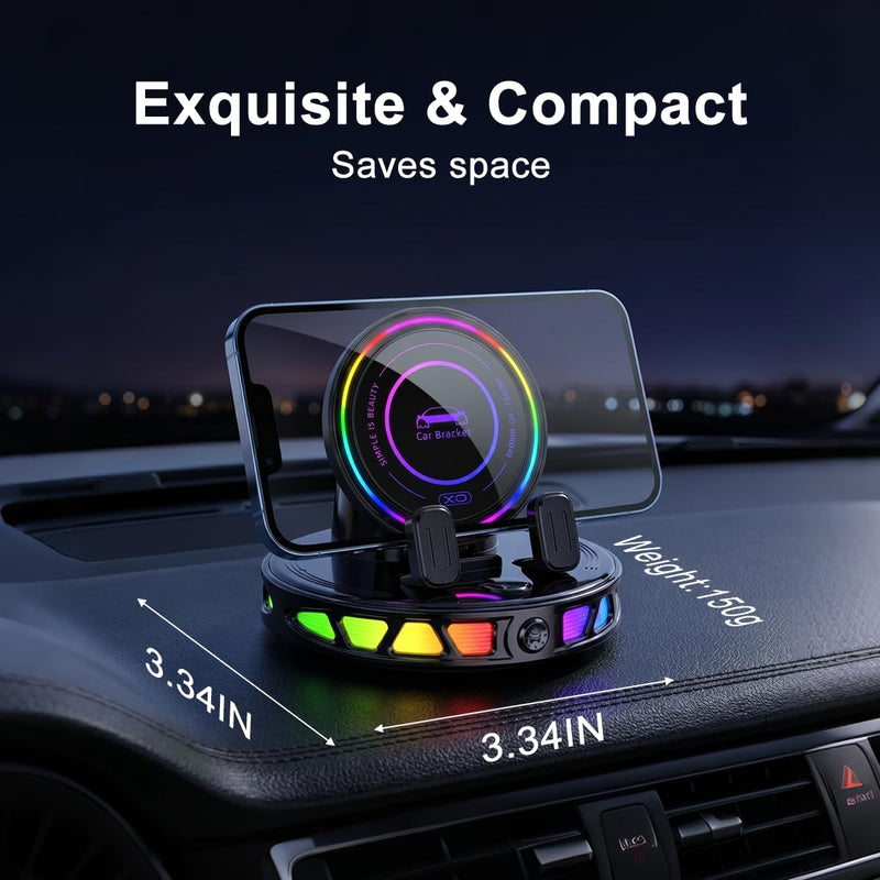 Wireless Car Charger Dashboard Phone Holder,15W Fast Charging One-Hand Operation Rotatable Bracket with RGB Light,Anti-Slip Navigation Mount with Strong Suction Cup, for Most Smart Phone