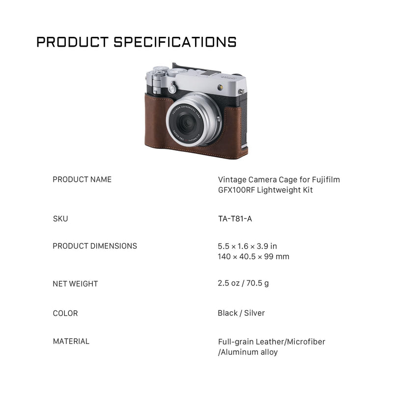 Tilta Vintage Camera Cage Compatible with Fujifilm GFX100RF – Lightweight Kit, Black | Includes Leather Camera Case (Brown) & Hot Shoe Thumb Bracket | Custom Grip Design, Battery Access
