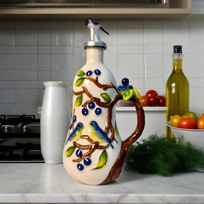 18.26oz/540ml Ceramic Olive Oil Dispenser Bottle,Hand Painted Reliefs Oil Dispenser for Kitchen,Oil Bottles for Kitchen (Blueberry) Blueberry