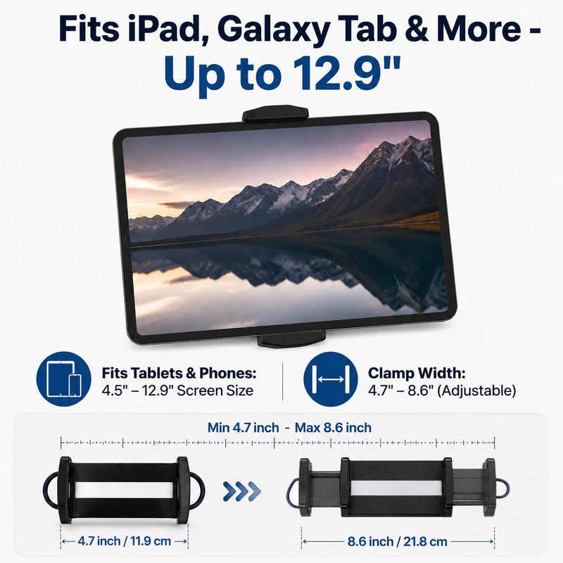 Car Headrest Tablet Holder for Rivian R1T, R1S, R2 with CNC Metal Base | Travel Essential 360° Adjustable Back Seat Tablet Mount, Compatible with iPad and Galaxy Tab for Road Trips & Family Travel