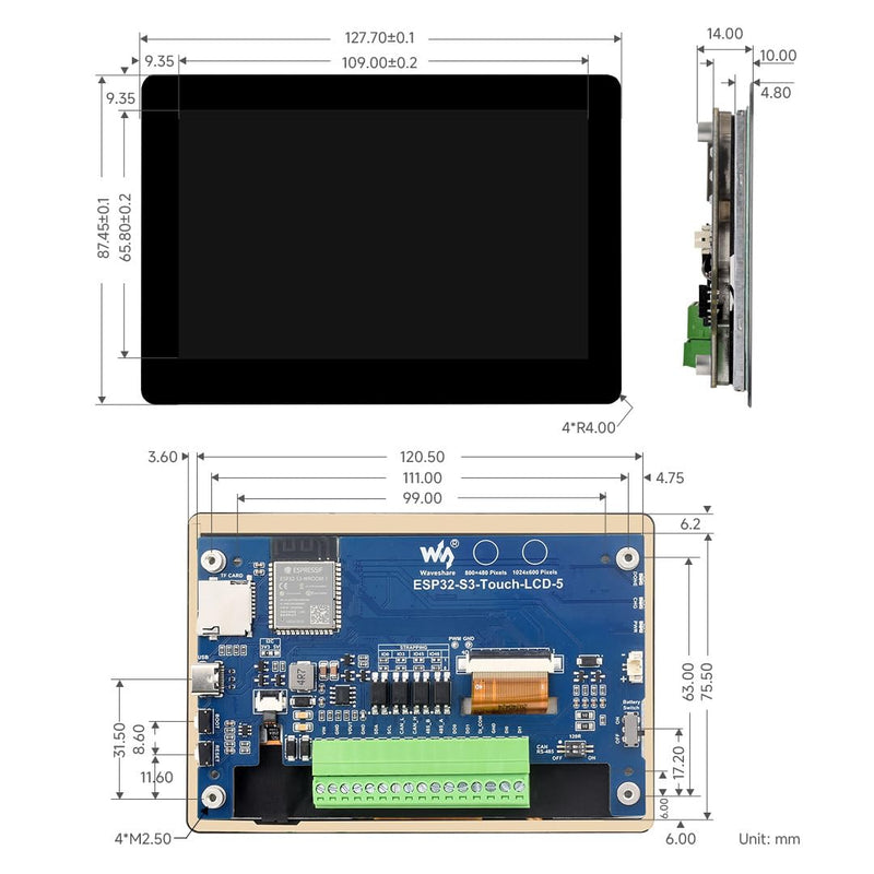 Waveshare ESP32-S3 5inch Capacitive Touch Display Development Board, 5-Point Touch, 32-Bit LX7 Dual-Core Processor, Support Wi-fi & BLE, with Onboard Antenna, 800×480 Display Resolution