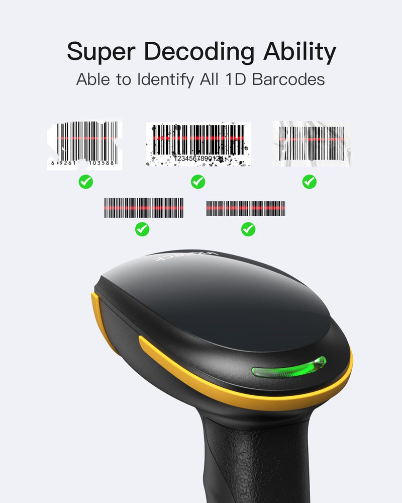 Inateck Wireless Barcode Scanner, Bluetooth Bar Code Scanner, 1D USB Barcode Reader Handheld, 1 Charge 3 Months, Scanner Barcode with APP and SDK Black