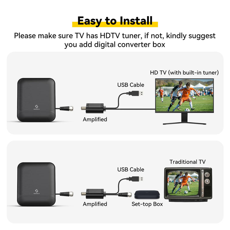 Digital TV Antenna for Smart TV Indoor & Outdoor, 55 Miles Amplified HDTV Antenna with Signal Booster, Reception for Local Channels 8K 4K 1080P HD VHF UHF, with 16ft Coax Cable