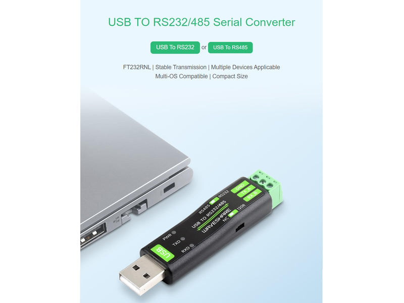 waveshare USB to RS232 RS485 Serial Converter Adapter Onboard Original FT232RNL Chip,Supports Mac, Linux, Android, Win11/10/8.1/8/7