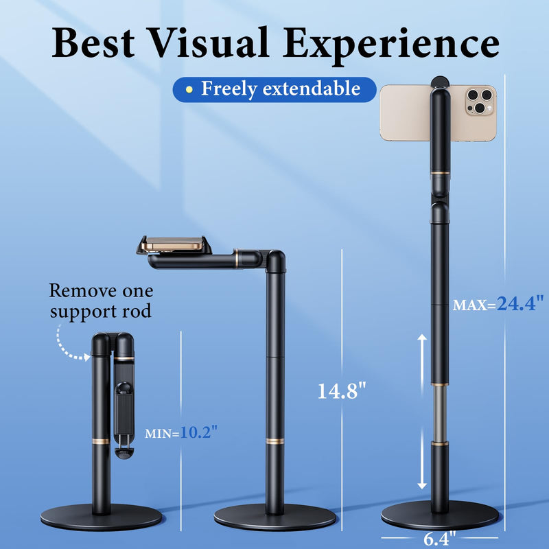 Angle Height Adjustable Phone Holder for Desk [10"-25"] - Retractable Cell Phone Holder for Video Recording Cooking Excising Working Reading -Aluminum iPhone 17 16 15 14 Pro Max Air Stand Clip