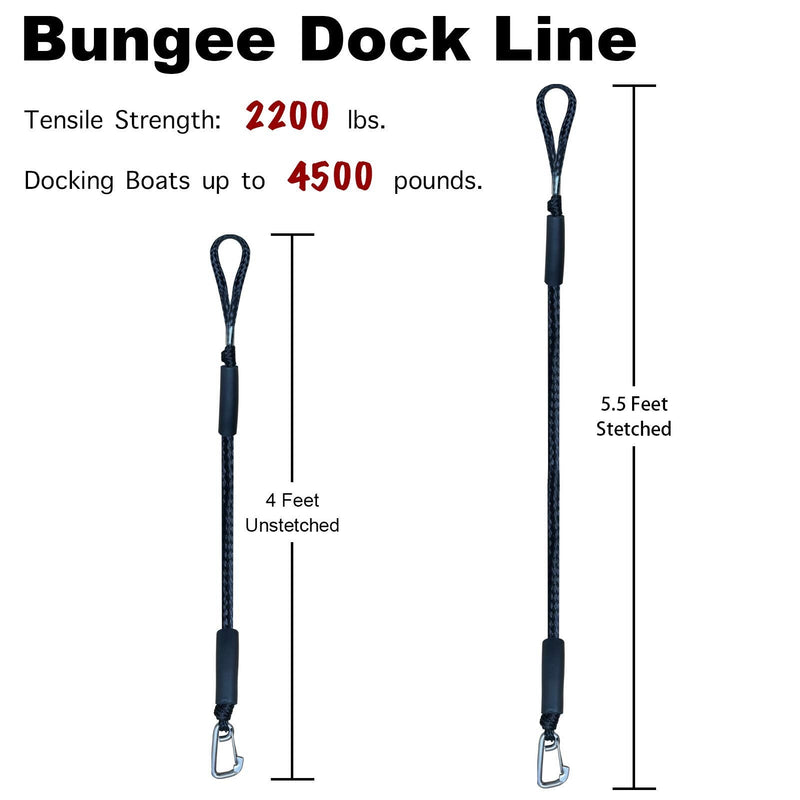 4 Feet Bungee Dock Line Mooring Rope 2-Pack for Docking with Stainless Steel Clip Accessories for Boats PWC, Built in Snubber, Kayak, Watercraft,SeaDoo,Jet Ski, Pontoon, Canoe, Power Boat Black