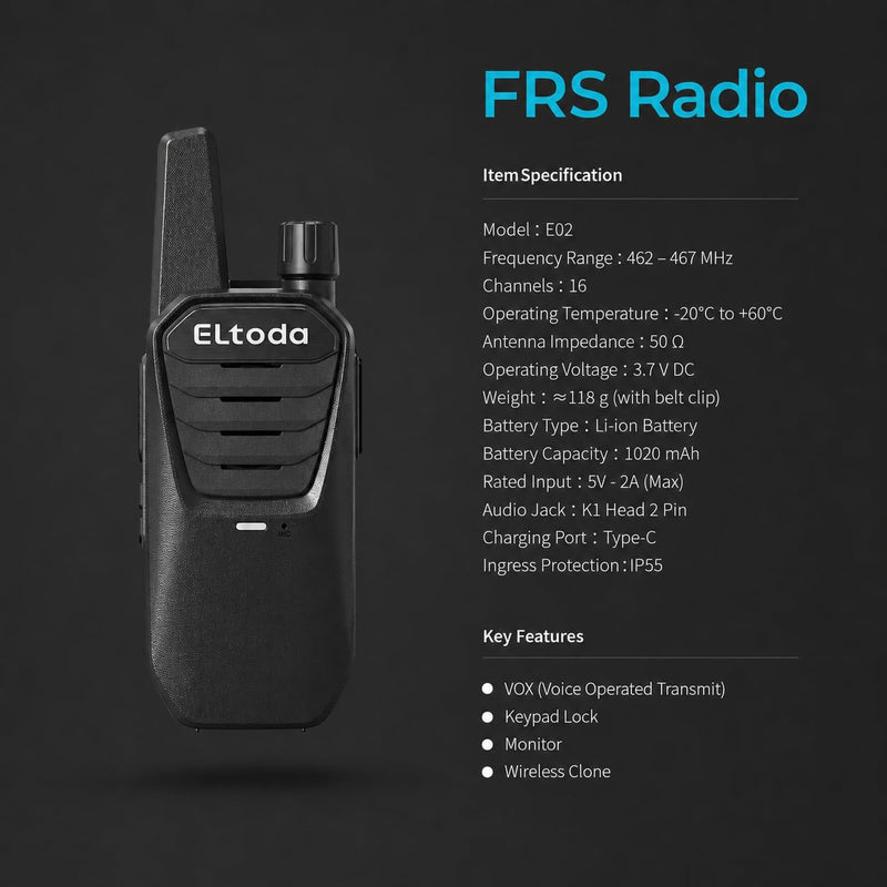 E02 Portable Walkie Talkies for Adults Rechargeable Two Way Radio | FRS License Free, Vox Hands-Free, Keylock, USB-C Charging, 16 Channels, Lightweight, Compact, Woring, Cruise, Hiking, Camping 2 Pack
