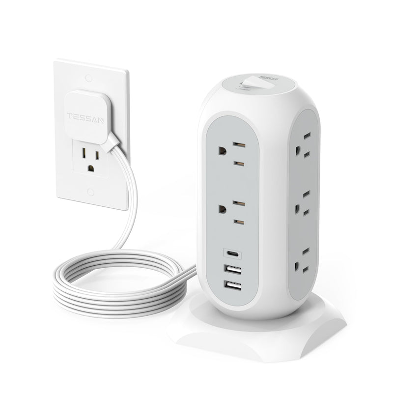 Tower Power Strip Flat Plug with 11 Outlets 3 USB (1 USB C), TESSAN Surge Protector Tower 1625W/13A,1050J Protection, 6 Feet Extension Cord with Multiple Outlets, Office Desk Supplies, Dorm Essentials White