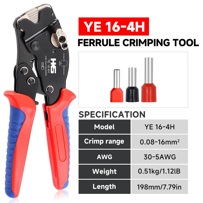 HKS Ferrule Crimping Tool Kit AWG 30-5 - Fixable Range with 1200PCS Red Copper Terimnals, Square Self-Adjusting Ratchet Crimper for End-Sleeves (16-4H with 1200PCS Kit) 16-4H Ferrules Kit