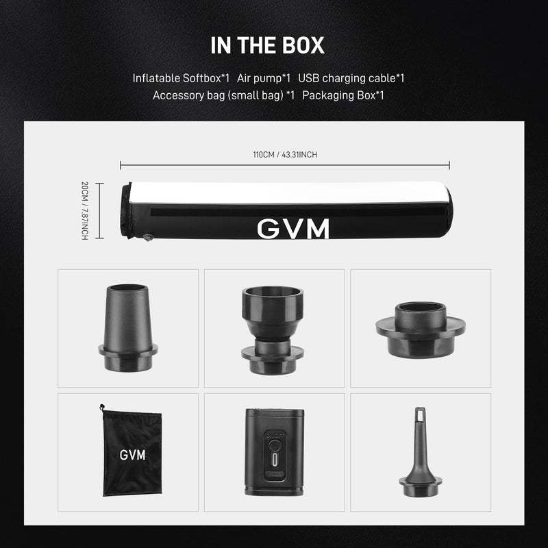 GVM 43.3" Inflatable Softbox, Foldable Air Tube Soft Box with Air Pump, Compatibility for GVM SD300C/500B/650B and Other Bowens Mount Light, Air Softbox for Studio Portraits, Video Recording 43.3in Air Tube