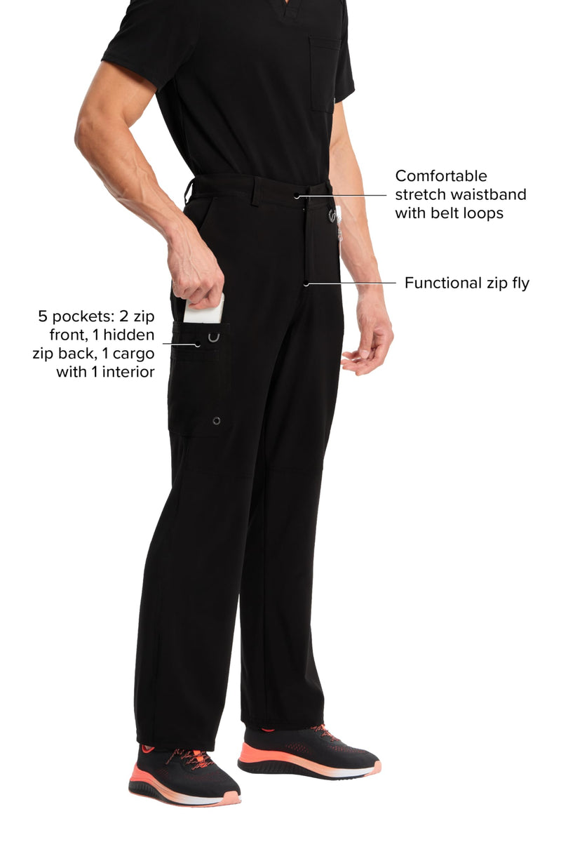 Cherokee Infinity Men Scrub Pants, 6 Pockets, Tapered Leg with Zip Fly Front and Inside Functional Drawstring Cargo - CK200A Large Black