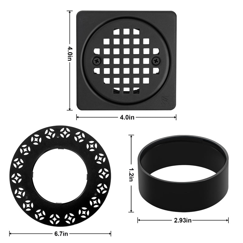 4 Inch Drain Grate Kit Compatible with Schluter Kerdi-Drain Flange Square Shower Floor Drain SS304 Stainless Steel and ABS Material - CUPC Certification, Matte Black