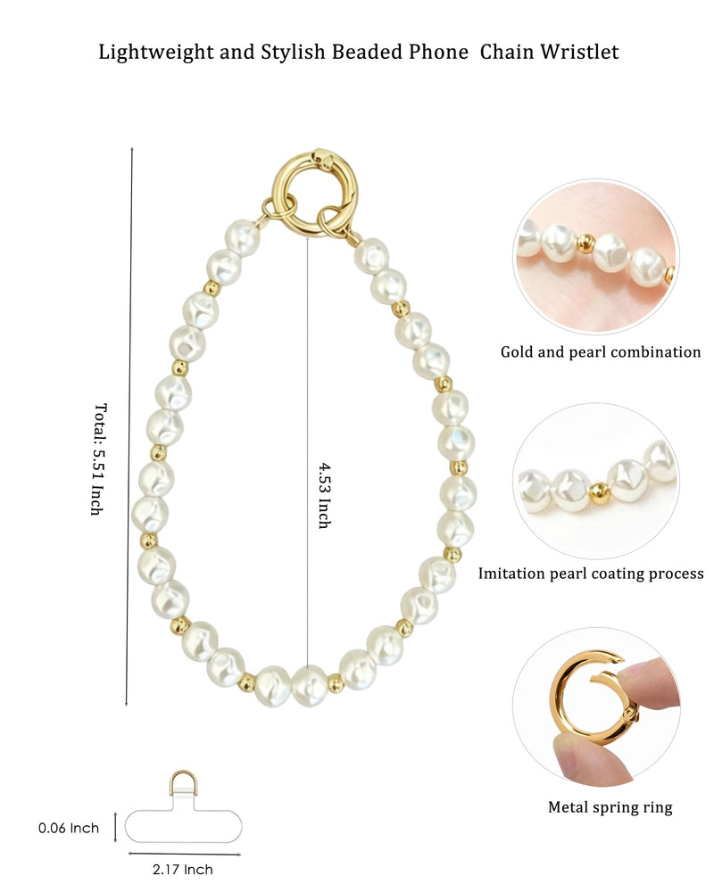 Pearl Phone Charm Wrist Strap,Beaded Phone Wrist Strap for Women Girls | Anti-drop Detachable Phone Chain Wristlet for iPhone Galaxy,Hands-Free Wristlet Bracelet Shopping Travel Walking Daily White -Gold