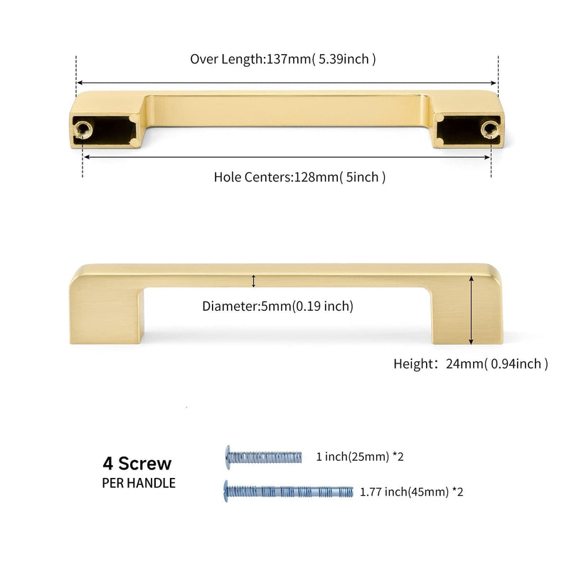 10 Pack 5 Inch Brushed Gold Cabinet Pulls Solid Zinc Alloy Gold Cabinet Handles - Brushed Brass Dresser Drawer Pulls for Kitchen Cabinet Hardware Zinc Alloy Handles 5 Inch (128 mm) Hole Centers 10