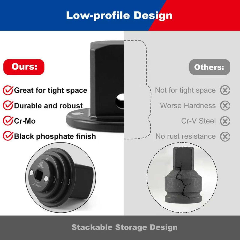 Socket Set Adapter,Low Profile Impact Socket Set Works with Impact Wrench，Torque Wrench，Electric Ratchet，Designed for Confined Space，3/8" to 1/2", 1/4" to 3/8", 3/4" to 1", 1/2" to 3/4", 8PC 8