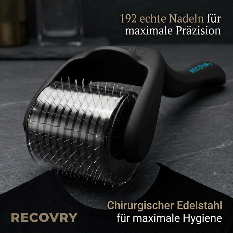 RECOVRY Beard Roller Beard Growth 1 mm - 192 Real Needles for Maximum Beard Growth - Derma Roller with Stainless Steel Needles - Increases Beard Density | Beard Roller (Black, 1 mm)