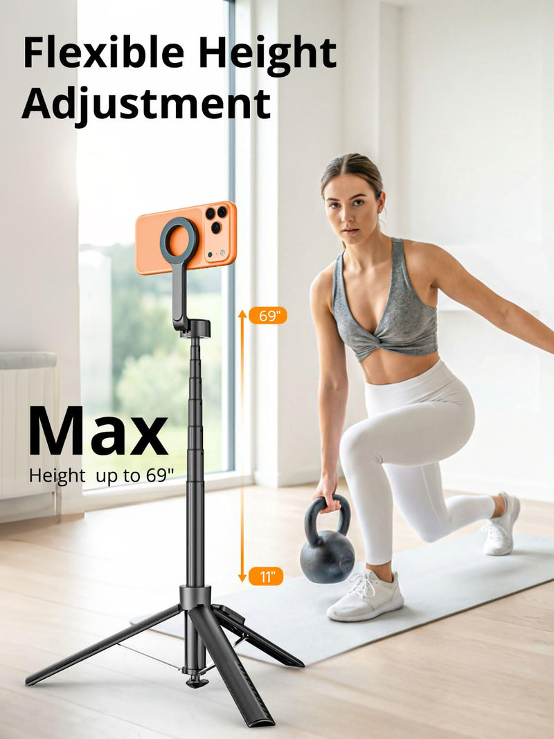 69" Magnetic Phone Tripod for iPhone w/Remote Control UPT-01M | For iPhone 12-17 & Android, 360° Rotation, Compatible w/ MagSafe, Magnetic Ring Attached,Video Recording & Vlogging