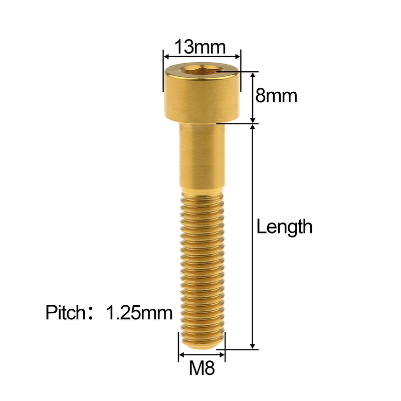 Titanium Bolt DIN912 M8x15 20 25 30 35 40 45 50 60 70mm Square Head Hex Socket Screws Pitch 1.25mm Pack of 5 (M8x50mm, Gold) M8x50mm