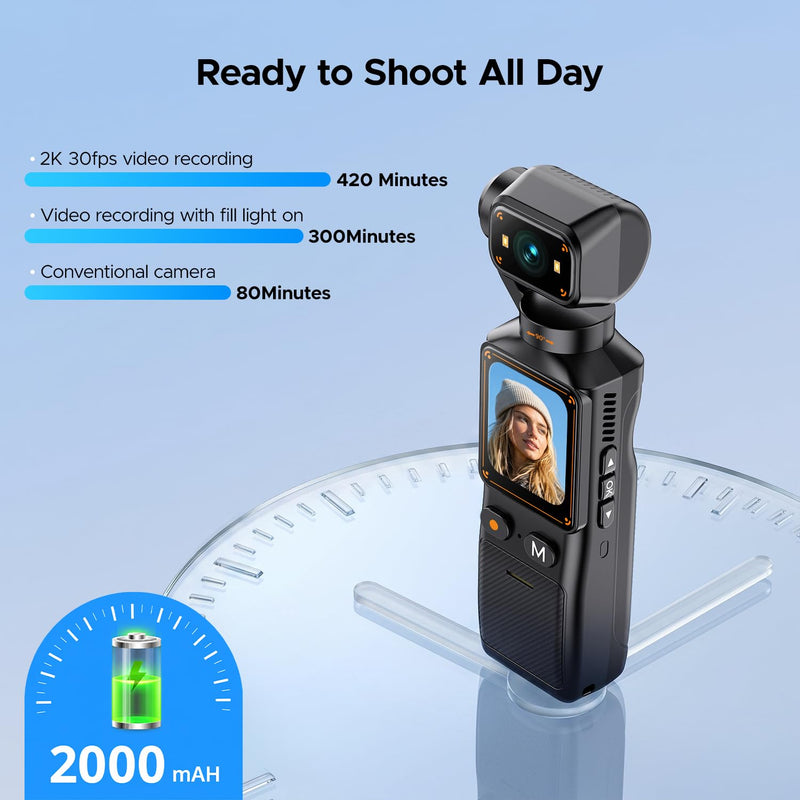 2K Vlogging Camera with 180° Rotating Lens, Handheld Pocket POV Video Camera, WiFi App, 7H Battery, 1.69" Screen, 32GB Card Included for YouTube, TikTok, Travel, Content Creators & Daily Vlogs Solid black