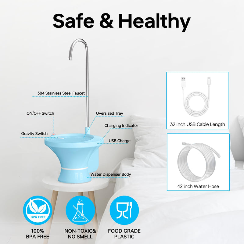 Drinking Water Dispenser for 2-5 Gallon Bottle, Automatic Water Jug Pump Dispenser, Electric Water Bottle Pump with USB Rechargeable and 2 Switch Control for Home, Office, Camping