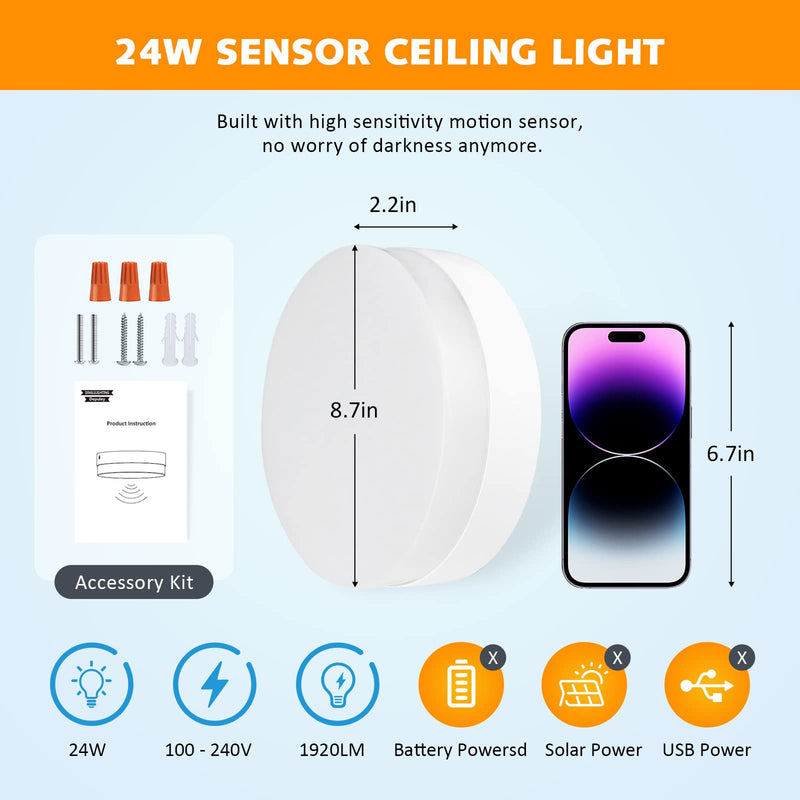 DLLT 24W Motion Sensor LED Ceiling Light, 8.7 Inch Wired Motion Activated Ceiling Light, 5000K Indoor Motion Flush Mount Light Fixture for Porch Walk-in Closet Hallway Pantry Stair, Non-Dimmable 24W-Sensor