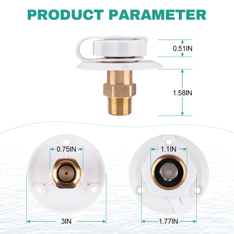 RV City Water Inlet with Check Valve, 3/4" NH Female to 1/2" NPT Male, RV Water Inlet Connection for Camper, Trailer, Marine, White
