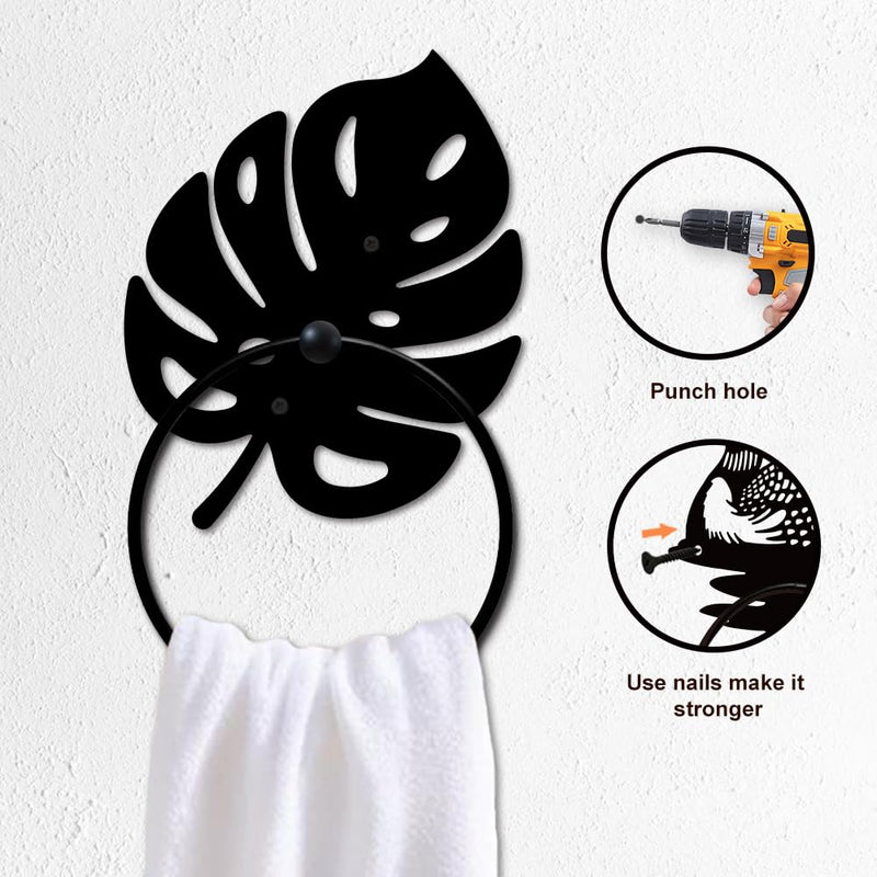 MAYJOYDIY Monstera Leaf Metal Towel Ring Leave Shape Towel Holder Plants Theme Rustic Wall Decor Towel Hanger Black Art Towel Rack Wall Mounted for Bathroom Kitchen Home Decors Gift
