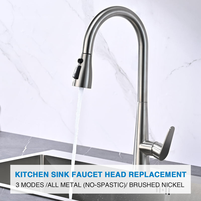 Metal Kitchen Faucet Head Replacement, 3-Function Pull Down Spray Head for Kitchen Faucet, High Pressure Sink Spray Nozzle with 9 Adapters Compatible with American Standard, Brushed Nickel
