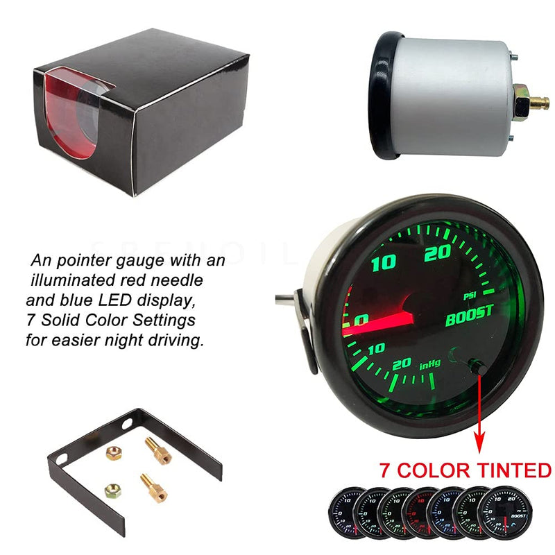 Black 52mm 2" Turbo Boost Gauge 0-30 PSI Pressure Vacuum Turbo Meter with 7 Color Tinted (Without Gauge Cup) Without gauge cup
