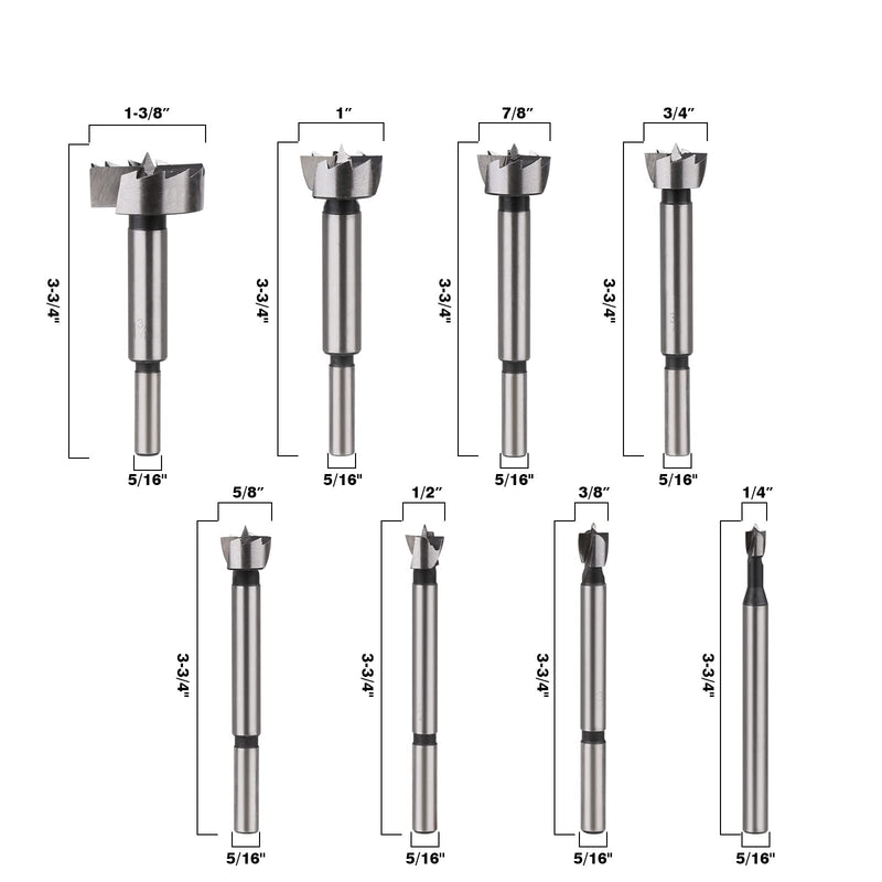 8PCS/Set Forstner Drill Bits, 1/4'' to 1-3/8'' Round Shank Multi Sided Wood Drill Kit, Woodworking Self-Centering Hole Saw Tool for Solid Wood, MDF, Plastic, Particleboard, Plywood 1/4'' ~1-3/8'' (8PCS)