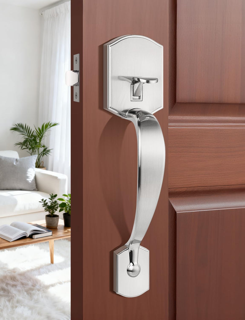 Tinewa Camelot Trim Lower Half Handleset, Upgated Entry Door Handle with Round Door Knob for Electronic Keypad, Brushed Nickel Finish Door Handle Lock Set 1 Pack Satin Nickel