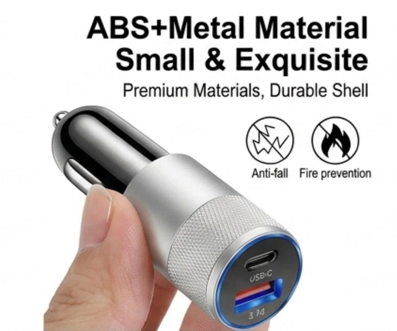 Dual-Port USB Fast Car Charger, USB-C PD and 3.1A USB-A, 15W Total Output, Metal Knurled Grip, Universal 12-24V, Model CC-PD1 Silver/Black