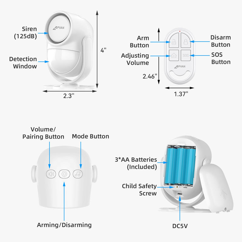 (Update) CPVAN Indoor Motion Sensor Alarm with Siren, Remote Control Wireless Infrared DIY PIR Motion Detector Burglar Alarm System, 125dB Adjustable, Battery Operated, for Home/Shed/Garage/Van etc. Ivory