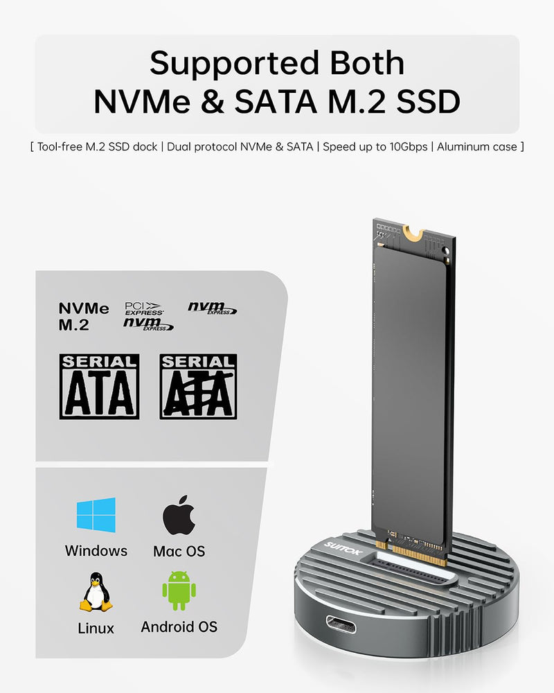 M.2 NVMe SSD Reader External, 10Gbps M2 to USB Adapter for Both M 2 (M Key, B+M Key) NVMe and SATA NGFF SSD Dock, Size for 22110 2280 2260 2242 2230 Drive Round Docking - Aluminum Alloy STK06 Lite 10Gbps M.2 Dock