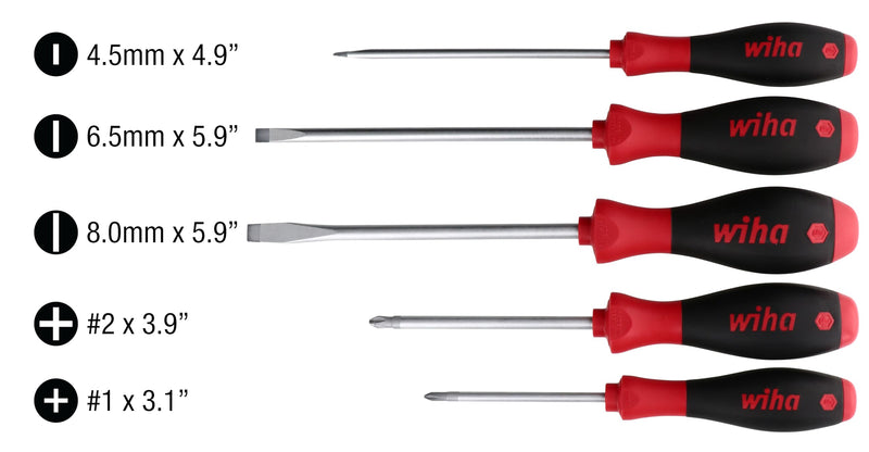 Wiha 30277 SoftFinish Screwdriver Set, 5 Piece, Slotted & Phillips, Cushion Grip Handles, Chrome Finish 5 Piece SoftFinish Slotted and Phillips Screwdriver Set