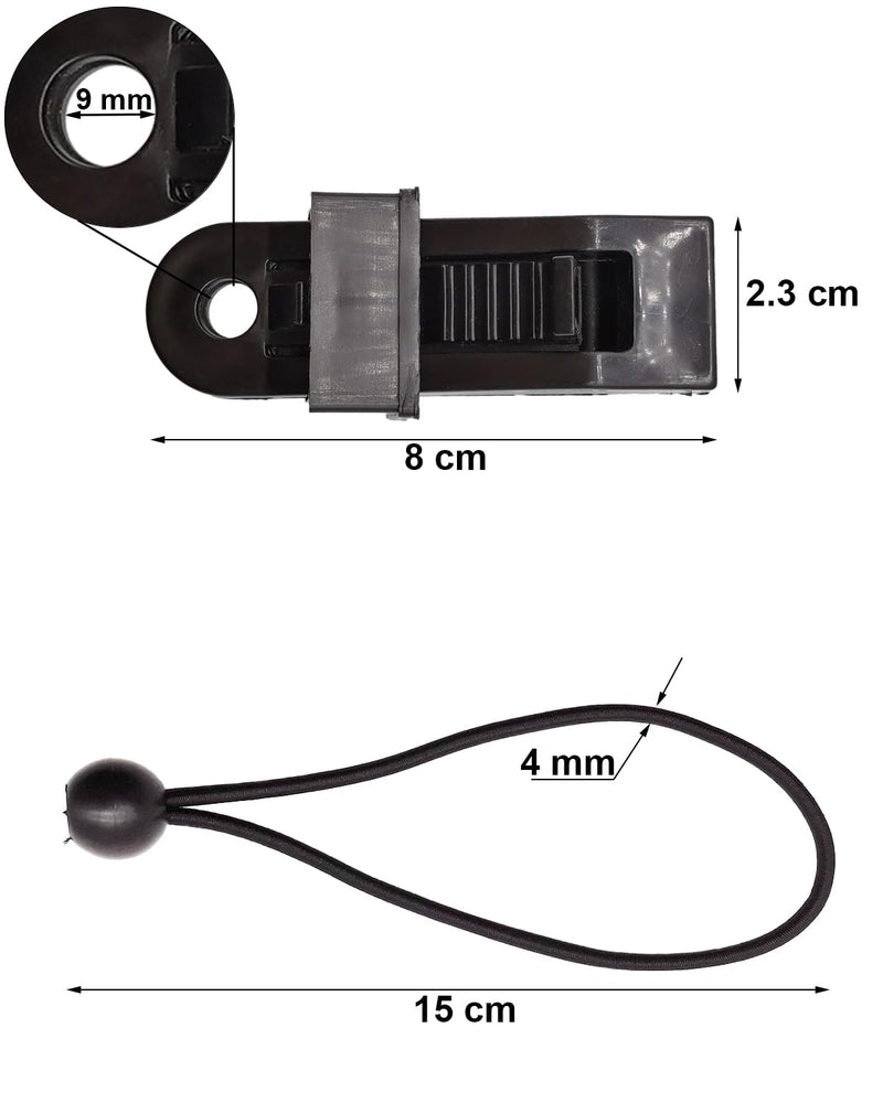 Tarp Clips Lock Grip, 40 Pack Tarp Clamps Heavy Duty and Ball Bungee Cords Set, Tent Clips with 6 Inch Bungie Cord Balls for Awnings Camping, Patio Umbrellas, Pool Awning Cover 40pcs Black