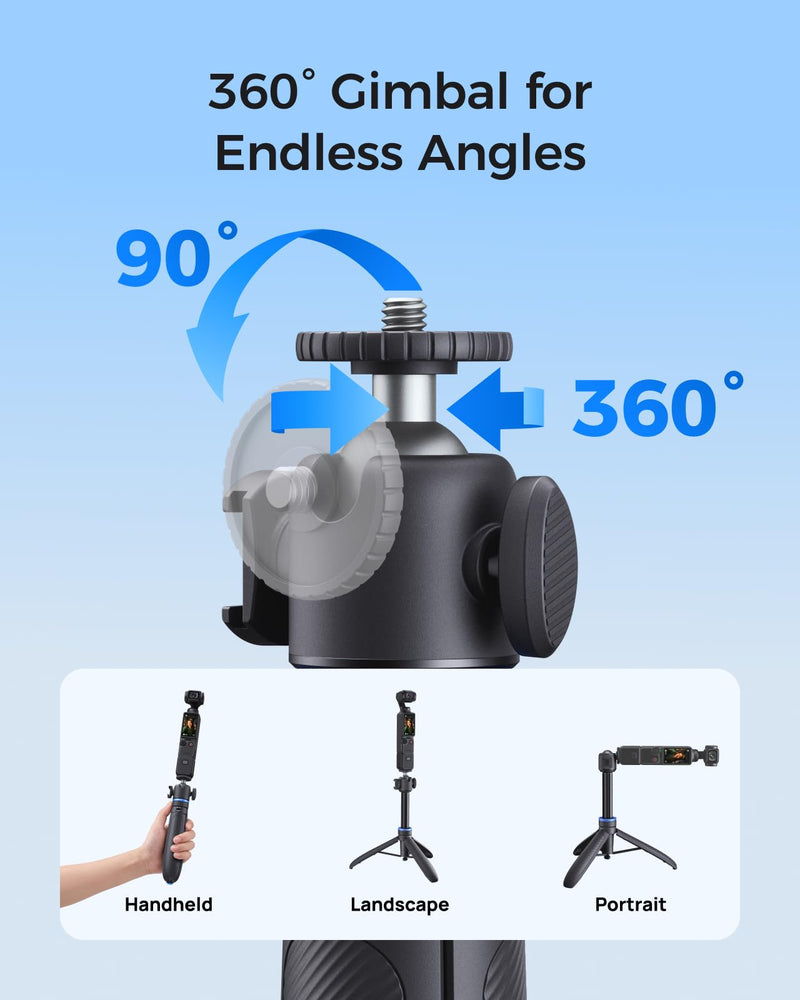 TELESIN 0.1s Auto Open Mini Selfie Stick Tripod for DJI Osmo Pocket 3 4 | 65 cm/25.5in Tripod Compatible with Insta360 Luna Ultra Xtra Muse Action Camera Accessories, Cold Shoe Mount, 360° Ball Head 65cm Selfie Stick Tripods (1/4" Bolt Adapter)
