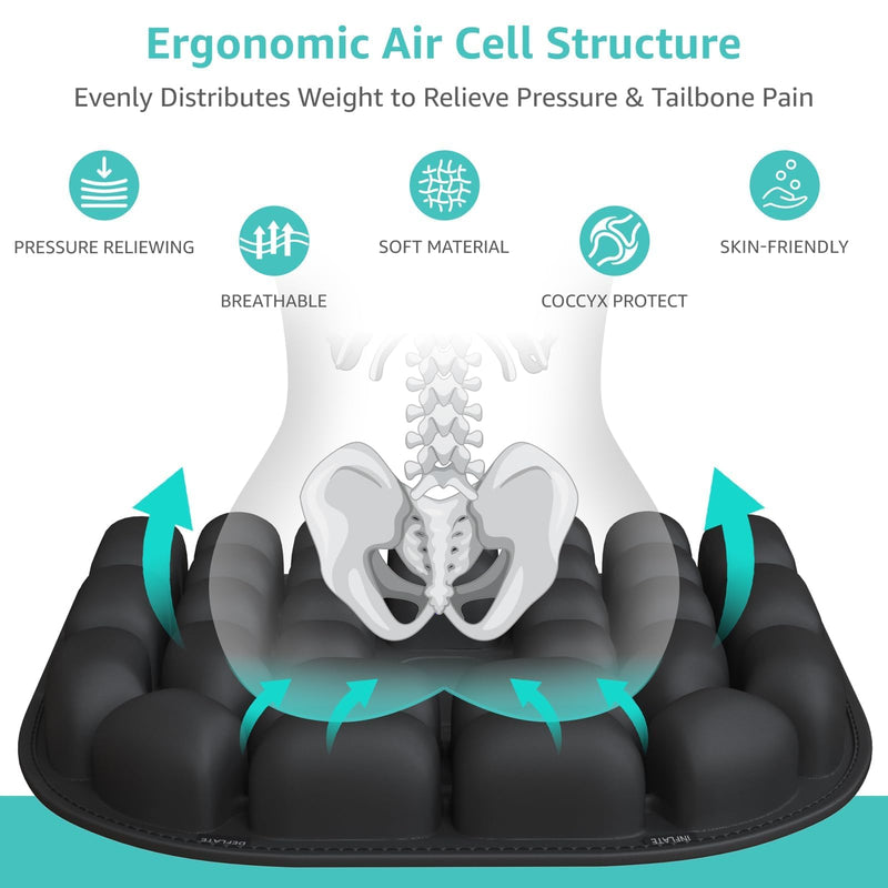 Inflatable Travel Seat Cushion for Airplane - Portable Air Pad with Built-in Pump for Long Flights & Car Rides - Ergonomic Tailbone Pain Relief for Office Chair, Wheelchair, Stadium 15.7"x15.7"